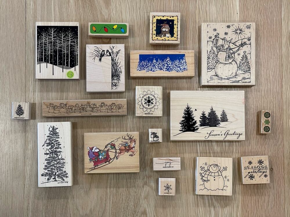 Christmas Rubber Stamp Set Lot of 18 Wood Wooden Trees Santa Winter Snow Gift